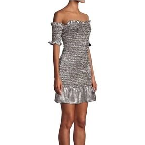 NWT Petersyn Benson Silver Steel Velvet Smocked Ruffle Mini Dress • Size S 🗣